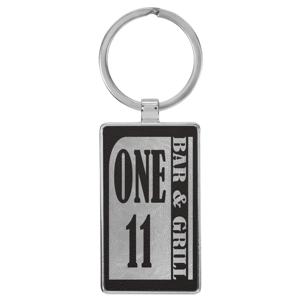 2 3/4" x 1 1/4" Laserable Leatherette/Metal Black/Silver Rectangle Keychain