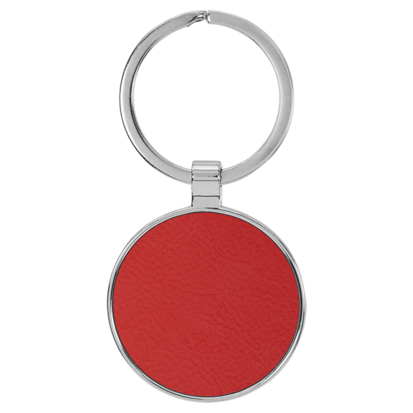 1 1/2" Laserable Leatherette/Metal Red Round Keychain